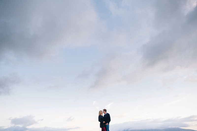 wide angle photo with tiny couple shown against a huge sky