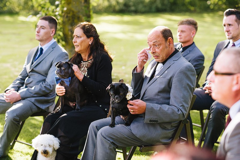 father of bride crying as pug with a bow sits on his lap