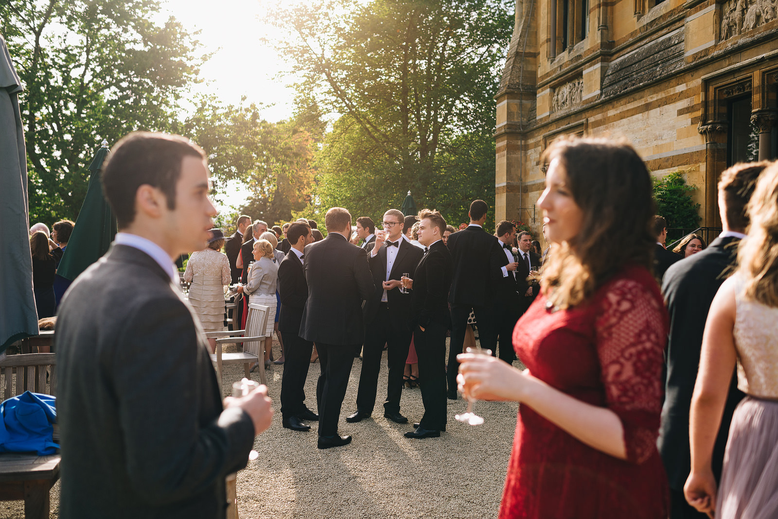 guests on the terrace at Ettington Park wedding